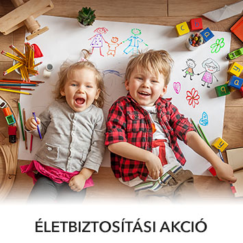 Évindító folyamatos díjas életbiztosítási akció, a képen egy boldog kisfiú és egy kislány látható, játékok között fekszenek.