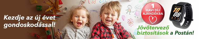 Évindító folyamatos díjas életbiztosítási akció, a képen egy boldog kisfiú és egy kislány látható, játékok között fekszenek.