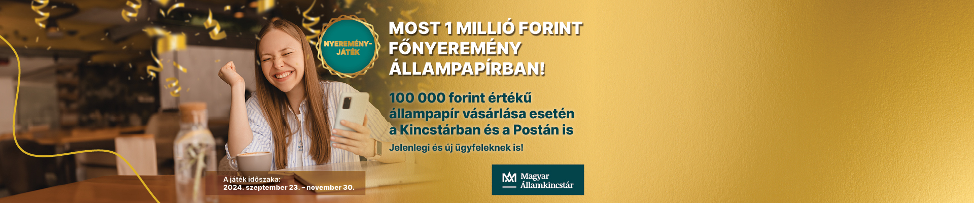 A képen egy hölgy látható telefonnal a kezében amint megnyeri a nyereményjátékot