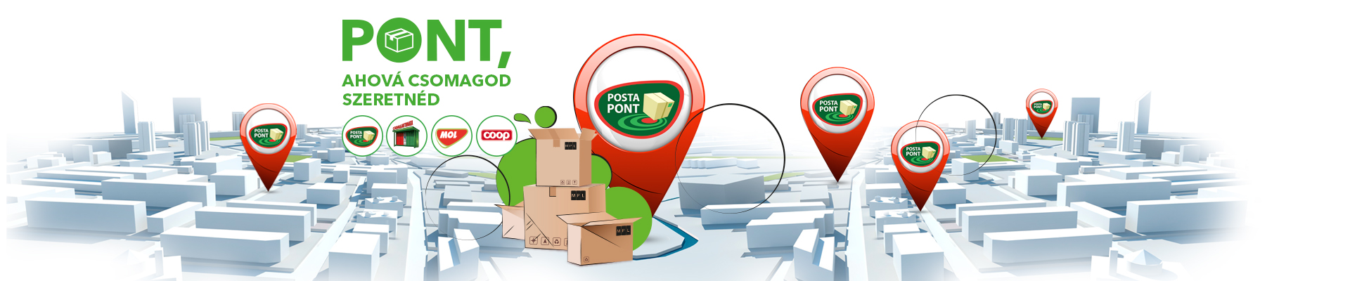 Pont, ahová csomagod szeretnéd. A képen egy város épületeinek makettjei láthatóak, kijelölve közöttük a postapontok.