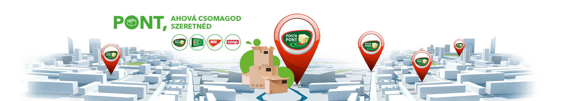 Pont, ahová a csomagod szeretnéd . A képen térbeli térkép látható, amelyen nyilak mutatnak a postapontokra.