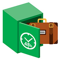 A grafikán egy páncélszekrény látható 48 órás felirattal, amibe egy bőröndöt helyeznek