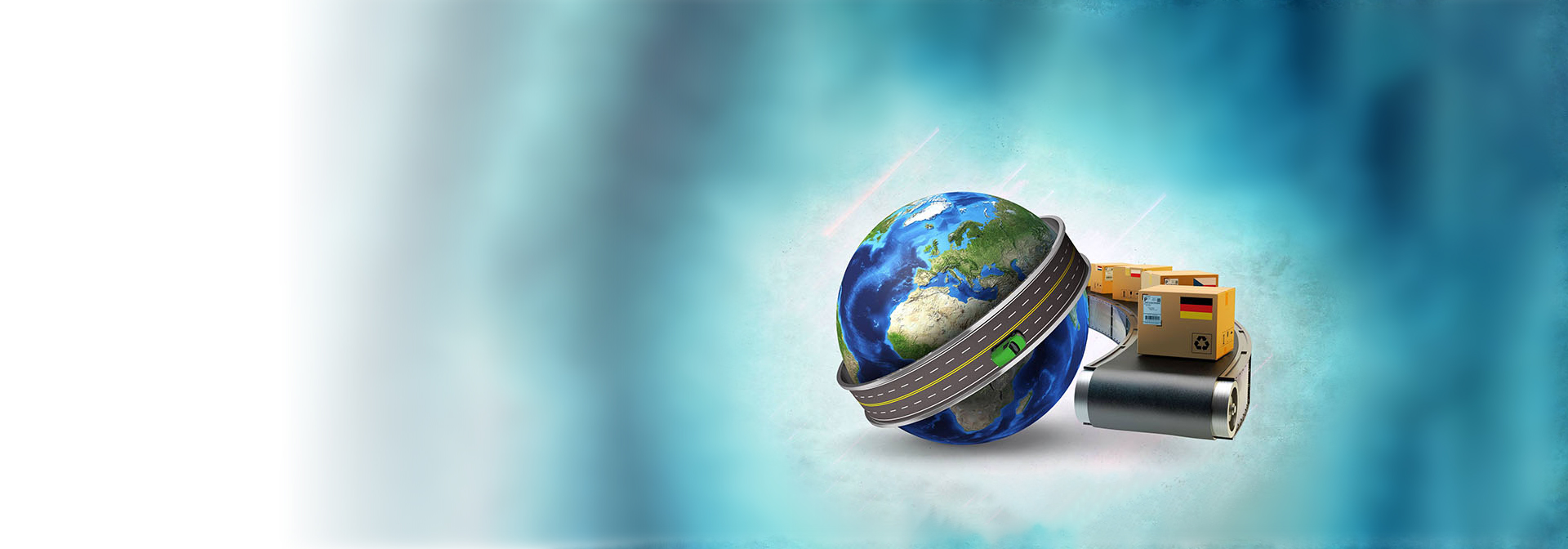 A képen egy földgömb és egy csomagokkal teli futószalag látható.